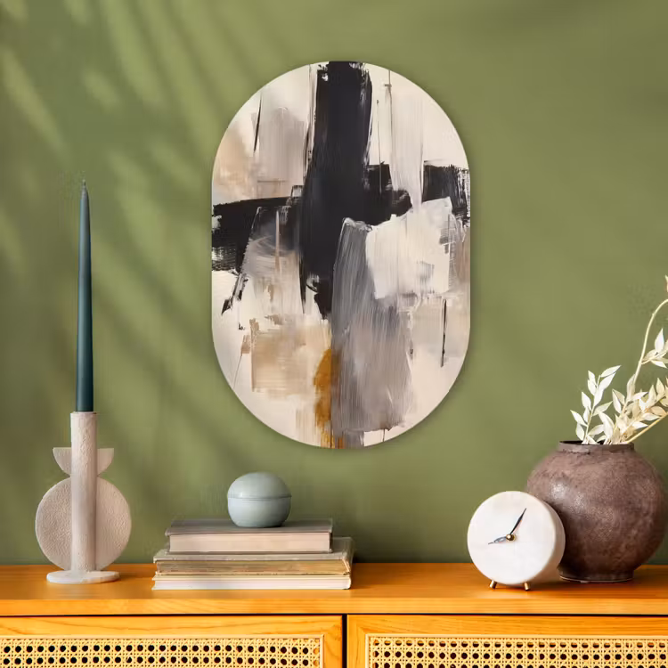 Penseelstreken - Ruw - Abstract - Beige Wandcirkel Ovaal Forex klein -sfeer2