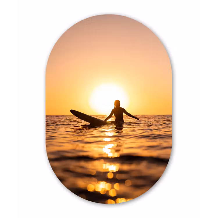 Persoon - Surfen - Zonsondergang - Zee - Oranje Wandcirkel Ovaal Forex klein -3d