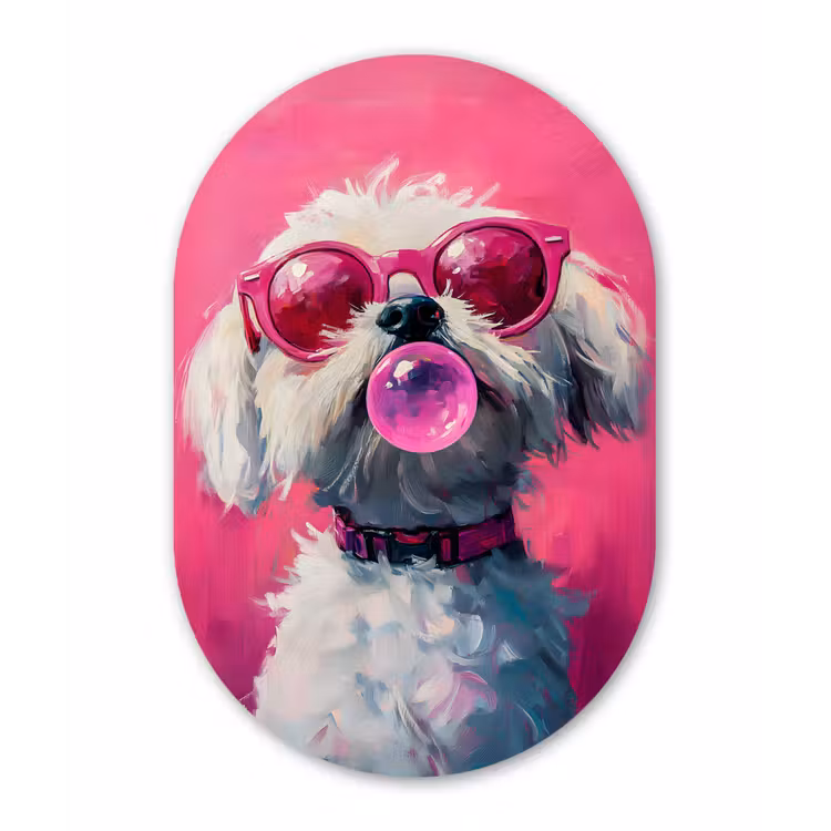 Pink - Hond - Bubbel Wandcirkel Ovaal Forex klein -3d