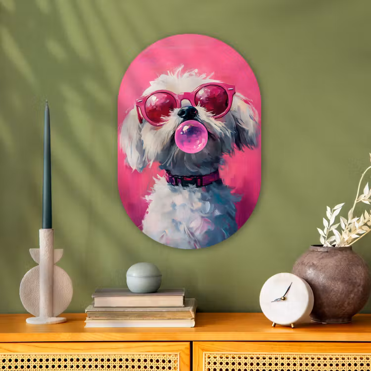 Pink - Hond - Bubbel Wandcirkel Ovaal Forex klein -sfeer2