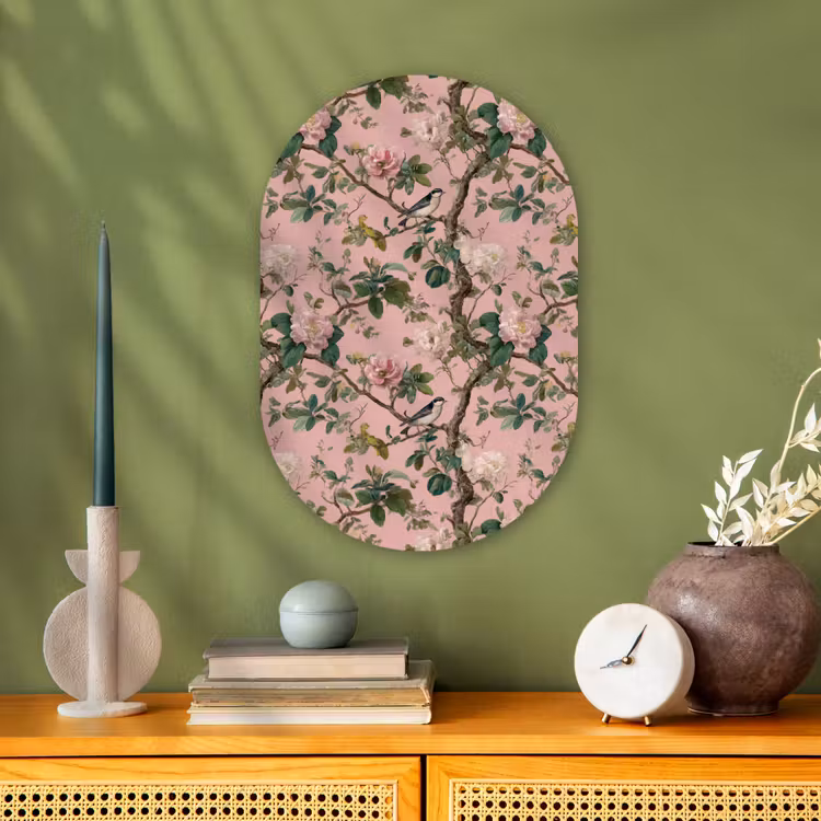 Pioenrozen - Botanisch - Vogel Wandcirkel Ovaal Forex klein 630 -sfeer2