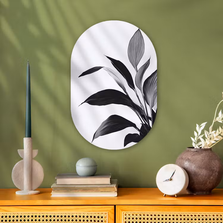 Plant - Bladeren - Minimalistisch - Zwart Wandcirkel Ovaal Forex klein -sfeer2