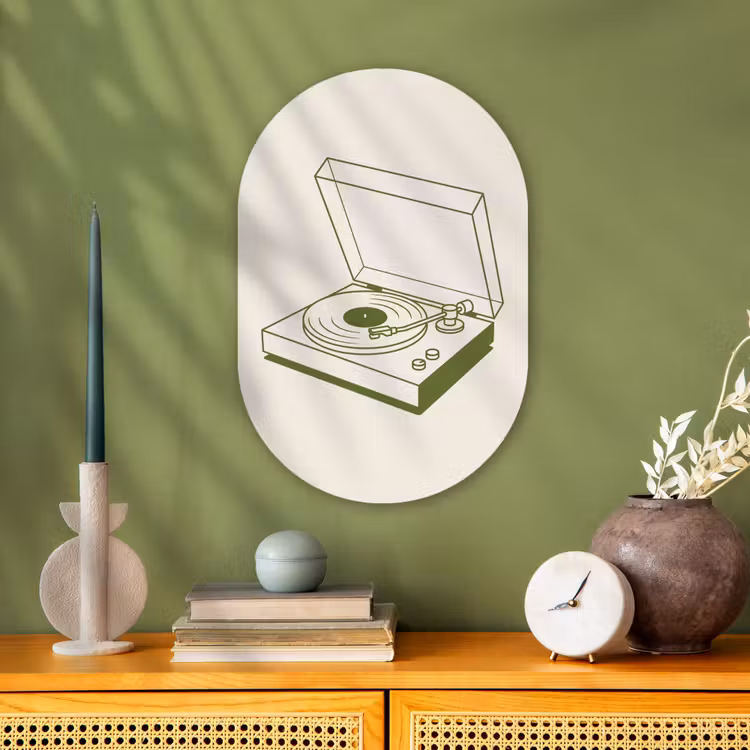 Platenspeler - Vinyl - Muziek - Minimalistisch - Groen Wandcirkel Ovaal Forex klein -sfeer2