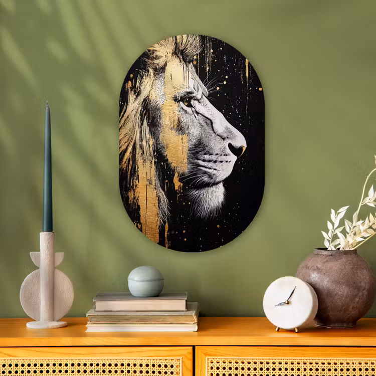 Portret - Leeuw - Abstract - Goud Wandcirkel Ovaal Forex klein -sfeer2