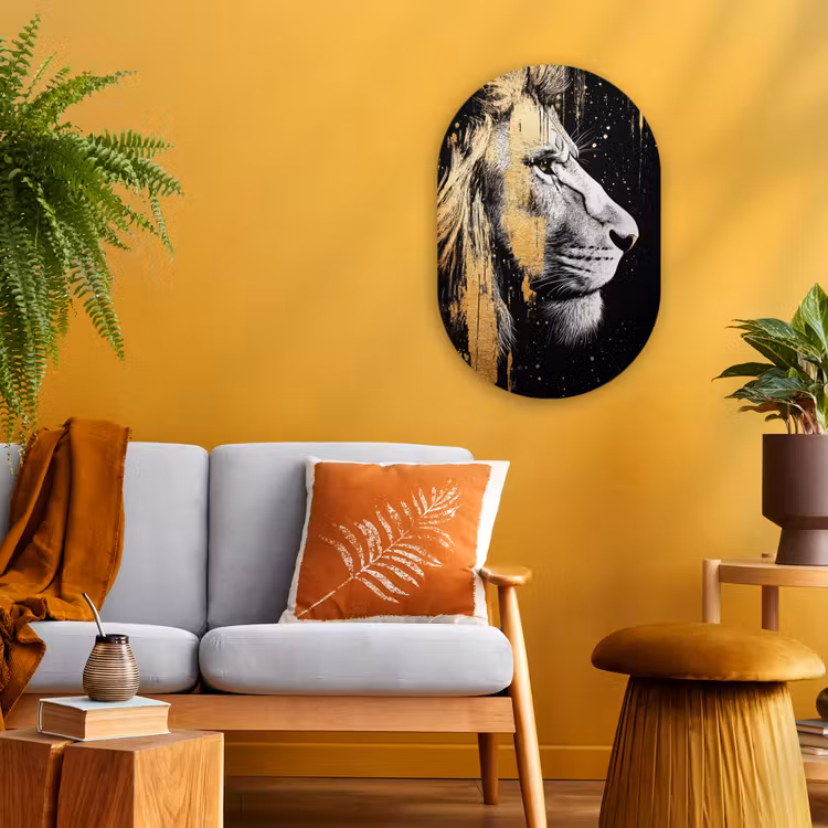Portret - Leeuw - Abstract - Goud Wandcirkel Ovaal Forex klein -sfeer4