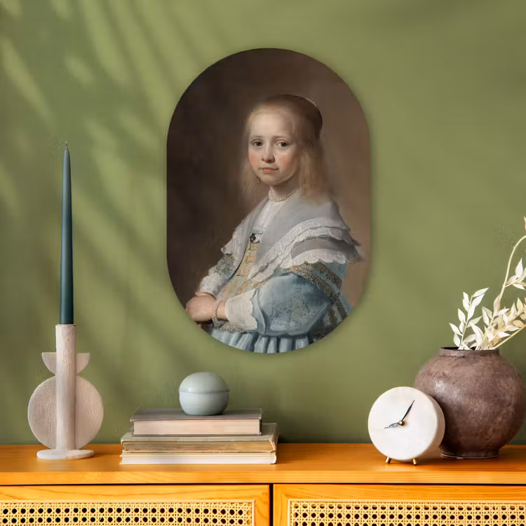 Portret van een meisje in het blauw - Schilderij van Johannes Cornelisz. Verspronck Wandcirkel Ovaal Forex klein -sfeer2