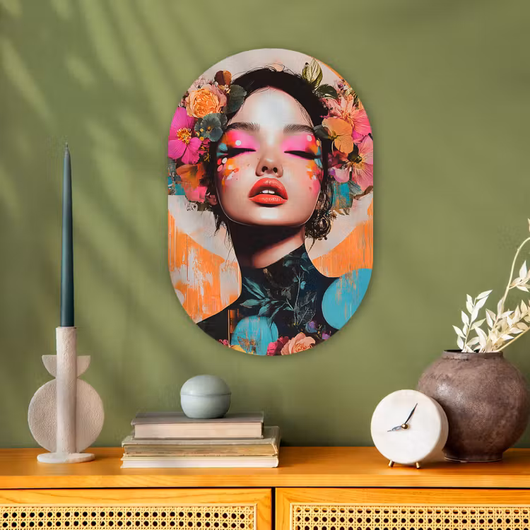 Portret - Vrouw - Abstract - Bloemen Wandcirkel Ovaal Forex klein -sfeer2