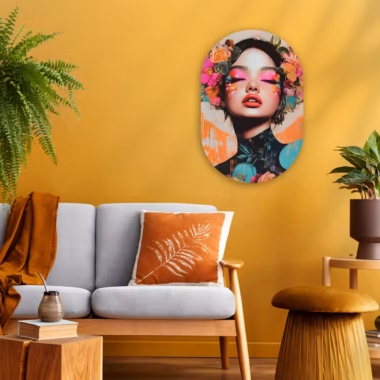 Portret - Vrouw - Abstract - Bloemen Wandcirkel Ovaal Forex klein -sfeer4