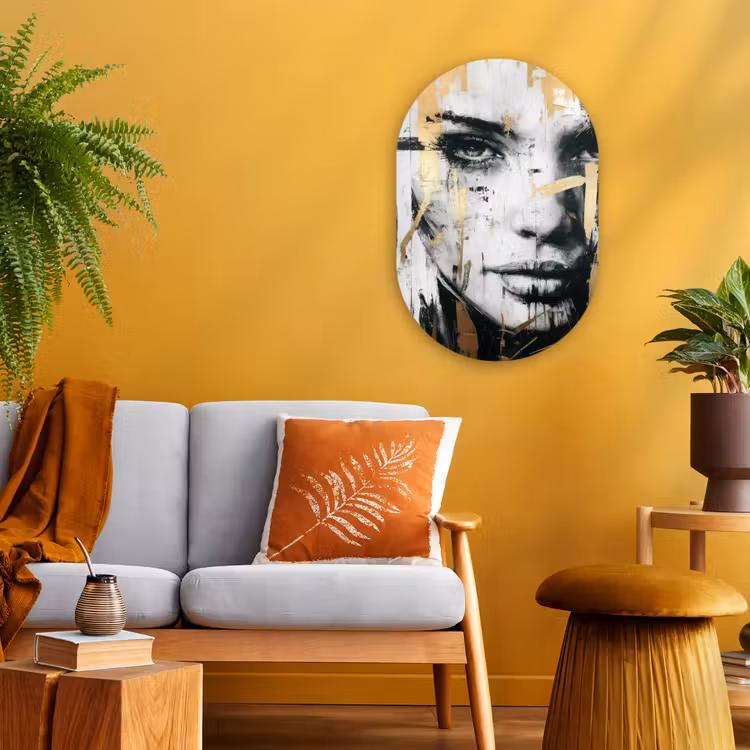 Portret - Vrouw - Penseelstreken - Goud Wandcirkel Ovaal Forex klein -sfeer4