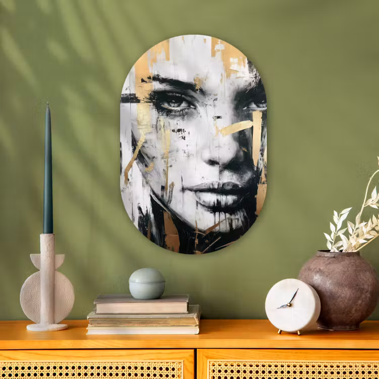 Portret - Vrouw - Penseelstreken - Goud Wandcirkel Ovaal Forex klein -sfeer2