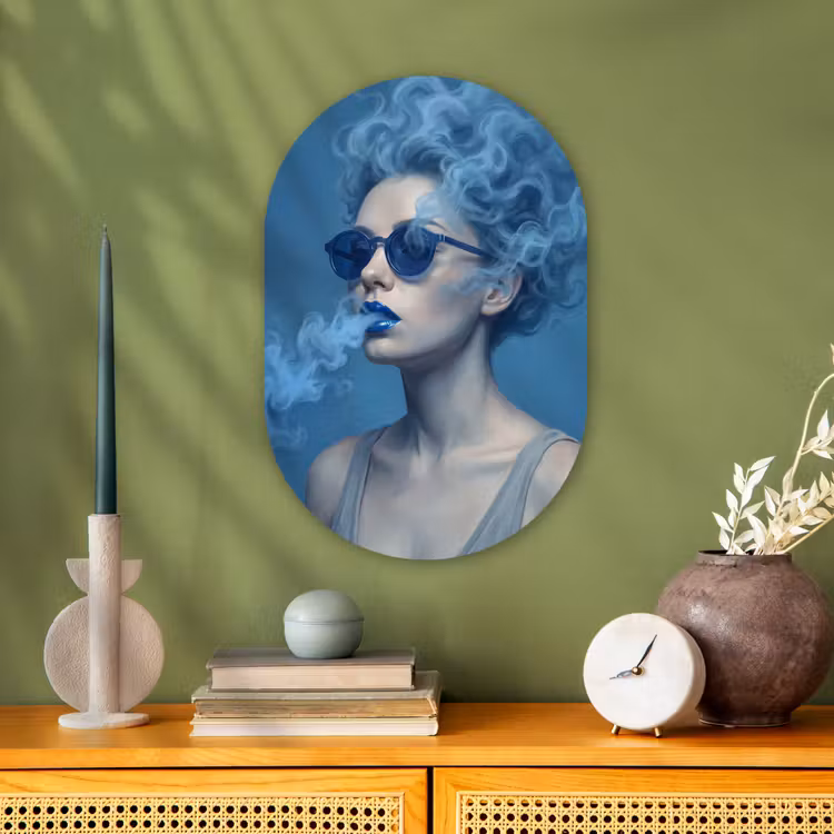 Portret - Zonnebril - Rook - Abstract - Blauw Wandcirkel Ovaal Forex klein -sfeer2