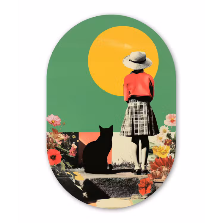 Retro - Meisje - Kat - Zon Wandcirkel Ovaal Forex klein -3d
