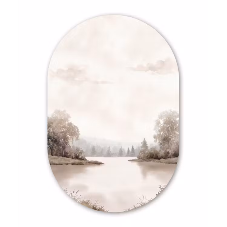 Rivierlandschap - Minimalistisch - Aardetinten Wandcirkel Ovaal Forex klein -3d