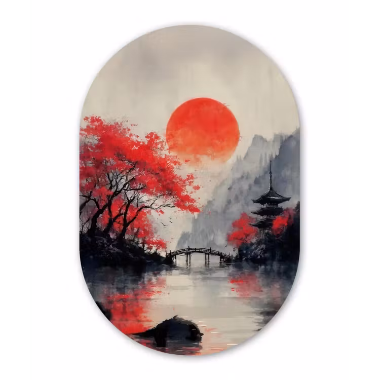 Rode zon - Rivier - brug - Bomen Wandcirkel Ovaal Forex klein -3d