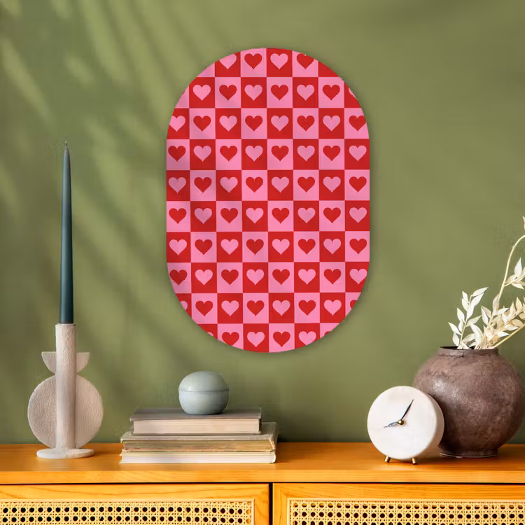 Rood - Roze - Schaakbord - Valentijn Wandcirkel Ovaal Forex klein -sfeer2