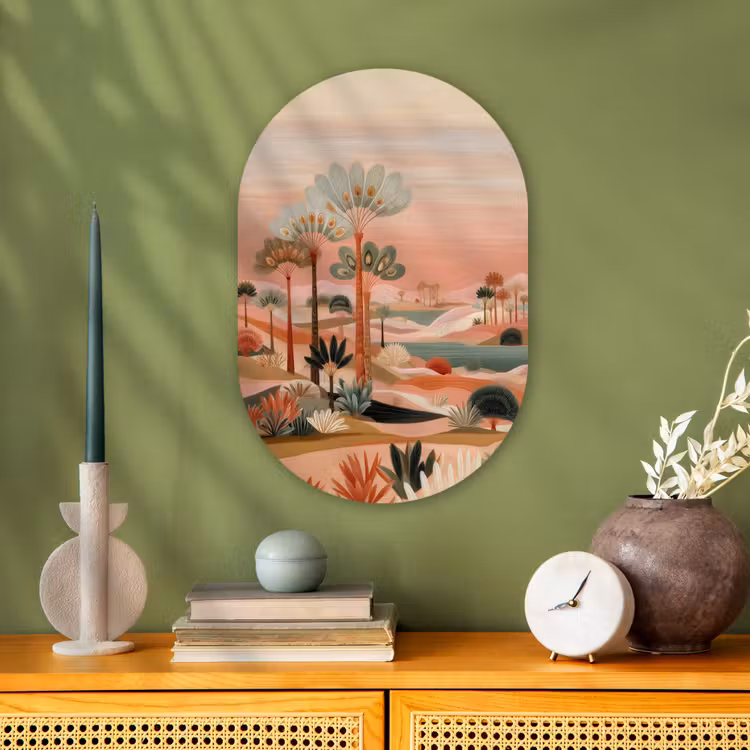 Roze landschap - Palmen - Water Wandcirkel Ovaal Forex klein -sfeer2