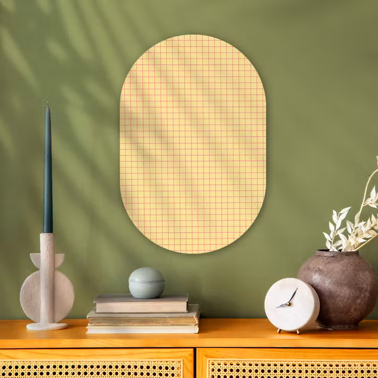 Ruitjes - Grid - Minimalistisch - Geel - Roze Wandcirkel Ovaal Forex klein 630 -sfeer2