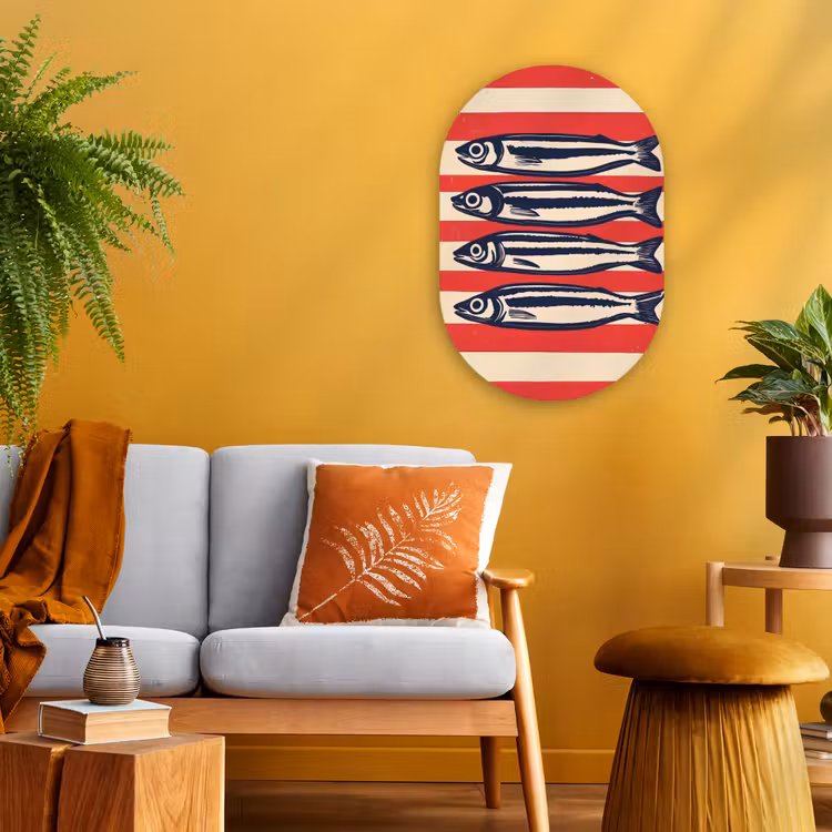 Sardines - Rood en beige strepen Wandcirkel Ovaal Forex klein -sfeer4
