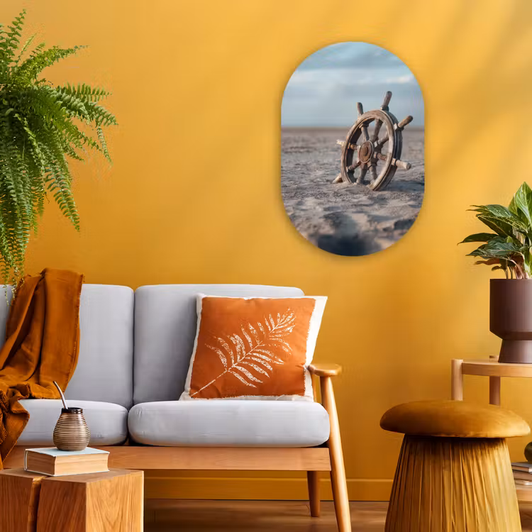 Scheepsstuur - Hout - Bruin - Zand Wandcirkel Ovaal Forex klein -sfeer4