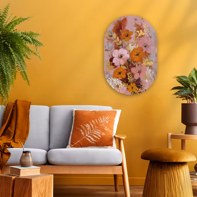 Schilderij - Bloemen - Rustiek - Roze Wandcirkel Ovaal Forex klein -sfeer4