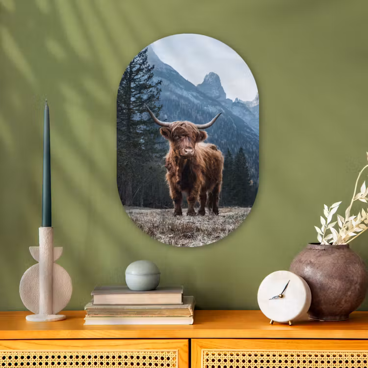 Schotse hooglander - Berg - Landschap - Bomen - Koe - Natuur Wandcirkel Ovaal Forex klein -sfeer2