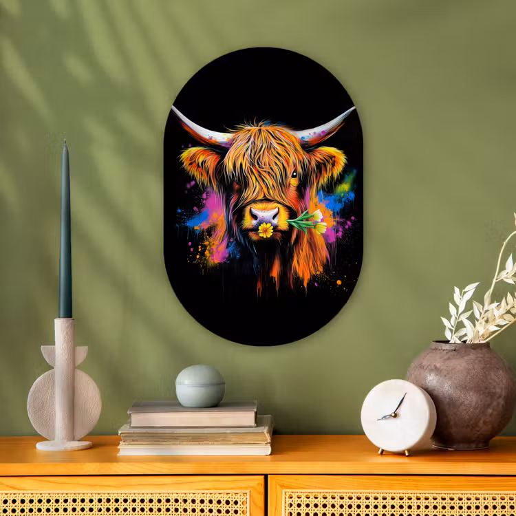 Schotse Hooglander - Graffiti - Kleurrijk - Bloem - Dieren Wandcirkel Ovaal Forex klein -sfeer2