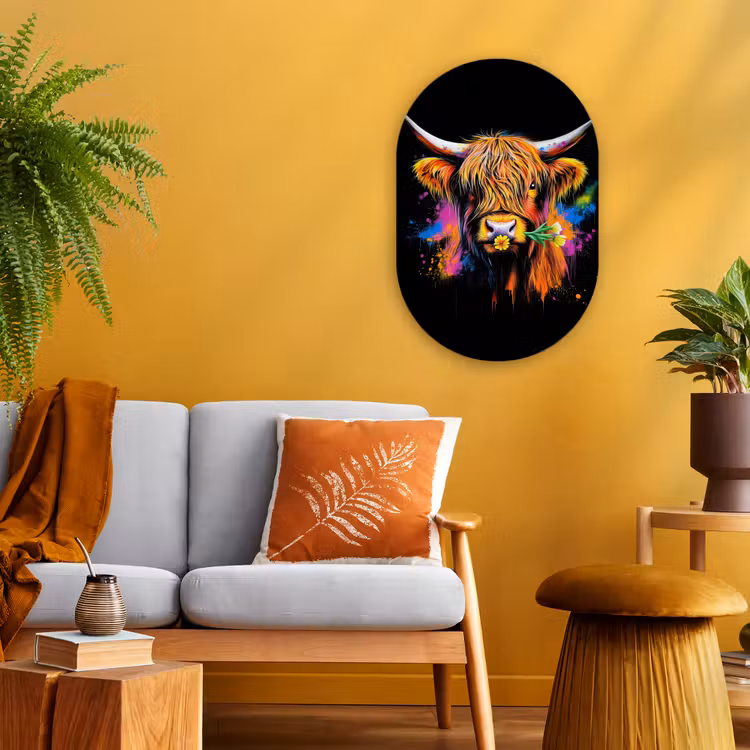 Schotse Hooglander - Graffiti - Kleurrijk - Bloem - Dieren Wandcirkel Ovaal Forex klein -sfeer4