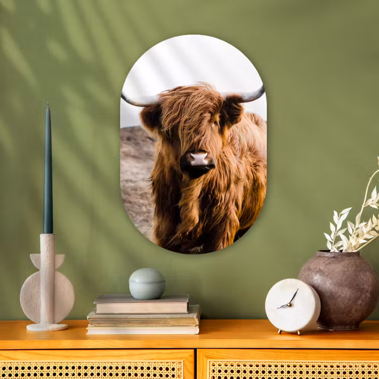 Schotse hooglander - Landschap - Koe - Bruin - Dieren - Natuur Wandcirkel Ovaal Forex klein -sfeer2