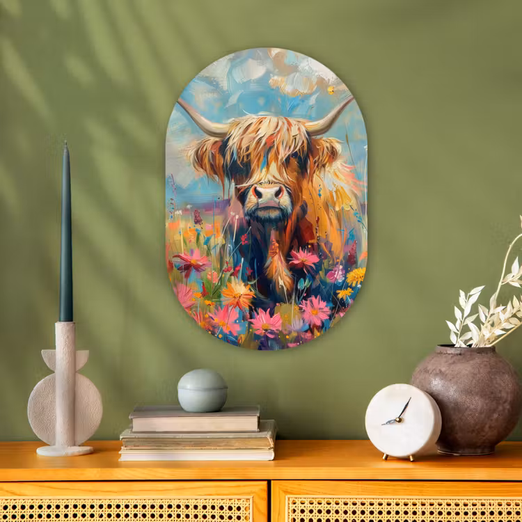 Schotse hooglander - Natuur - Kleurrijk - Bloemen Wandcirkel Ovaal Forex klein -sfeer2