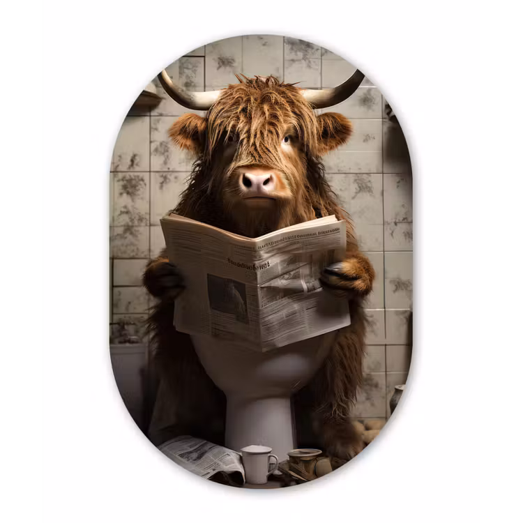 Schotse hooglander - Toilet - Krant - Badkamer Wandcirkel Ovaal Forex klein -3d
