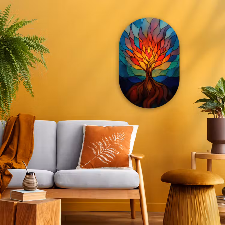 Sierglas - Boom - Rood - Vlakken Wandcirkel Ovaal Forex klein -sfeer4