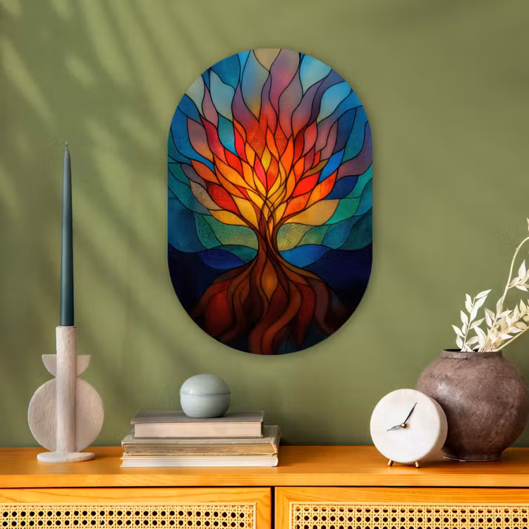 Sierglas - Boom - Rood - Vlakken Wandcirkel Ovaal Forex klein -sfeer2