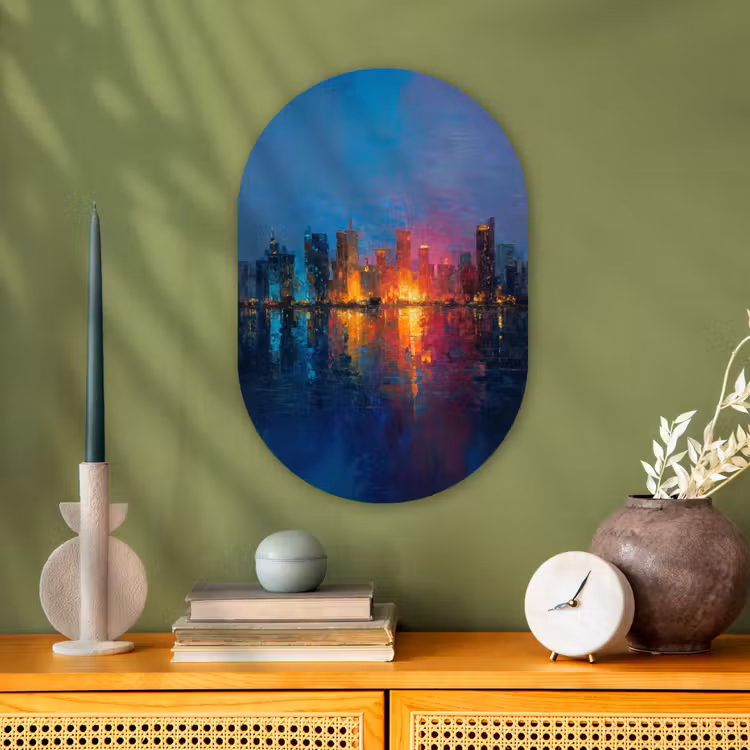 Skyline - Penseelstreken - Donkerblauw - Lichtgevend Wandcirkel Ovaal Forex klein -sfeer2
