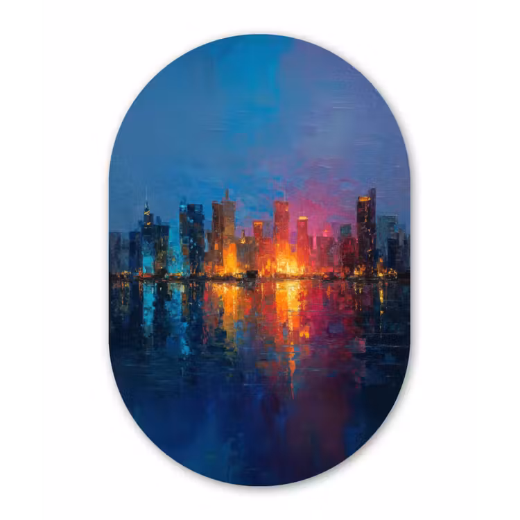 Skyline - Penseelstreken - Donkerblauw - Lichtgevend Wandcirkel Ovaal Forex klein -3d