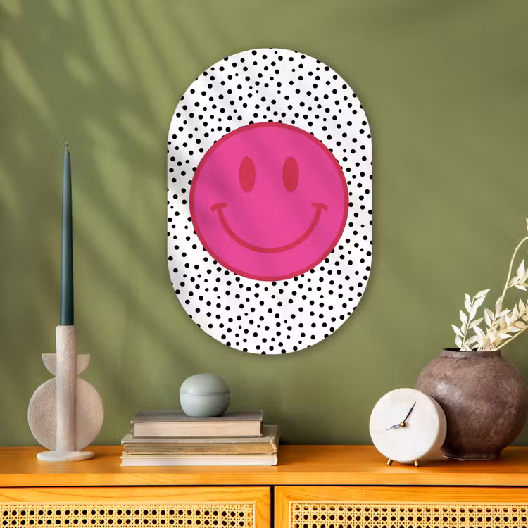 Smiley - Roze - Stippen Wandcirkel Ovaal Forex klein -sfeer2