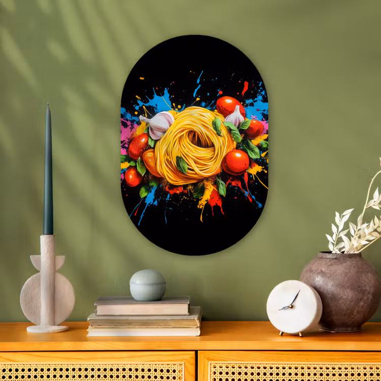 Spaghetti - Graffiti - Verf - Kleurrijk - Eten - Modern Wandcirkel Ovaal Forex klein -sfeer2