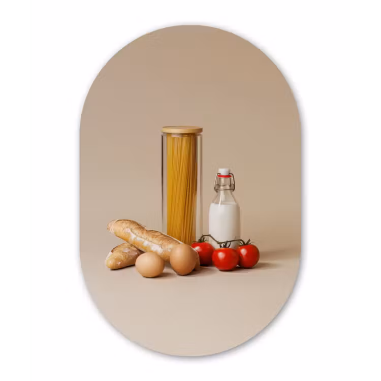 Spaghetti - Melk - Tomaten - Eieren - Brood Wandcirkel Ovaal Forex klein -3d
