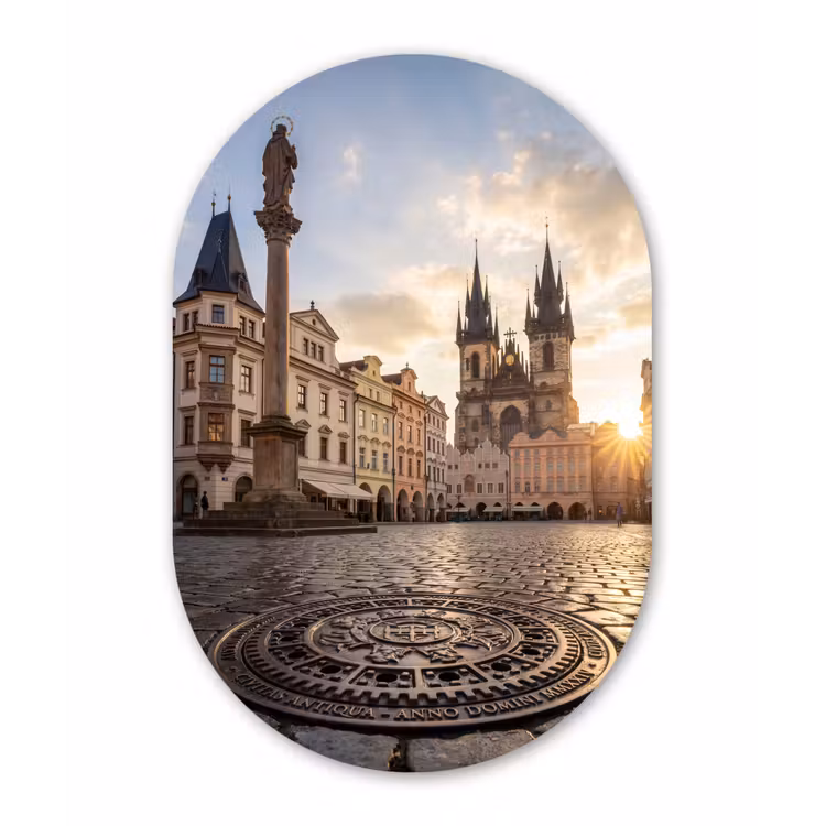Stad - Praag - Ochtend - Architectuur - Goud Wandcirkel Ovaal Forex klein -3d