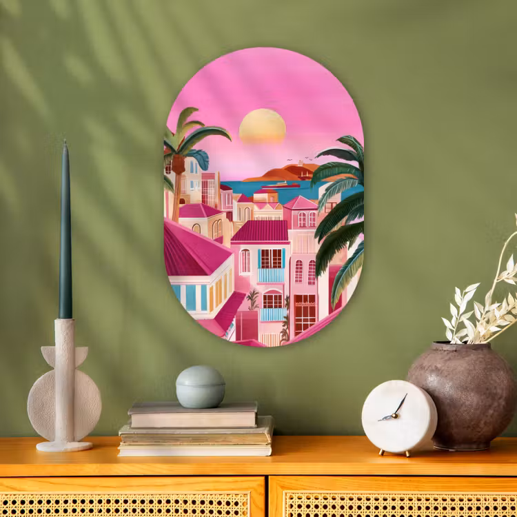 Stad - Roze - Palmbomen Wandcirkel Ovaal Forex klein -sfeer2