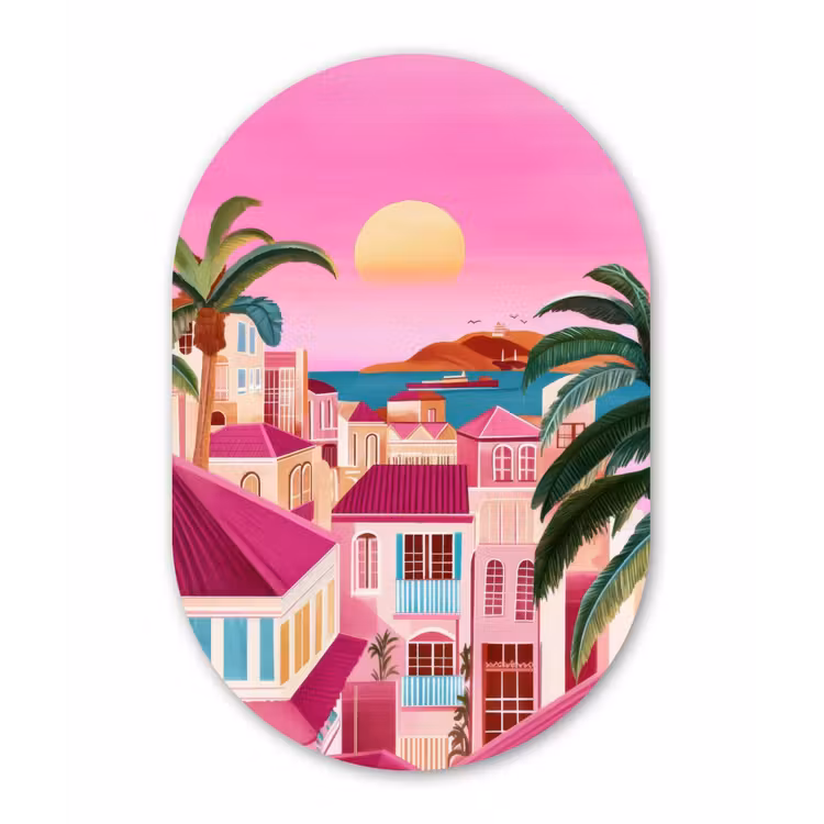 Stad - Roze - Palmbomen Wandcirkel Ovaal Forex klein -3d