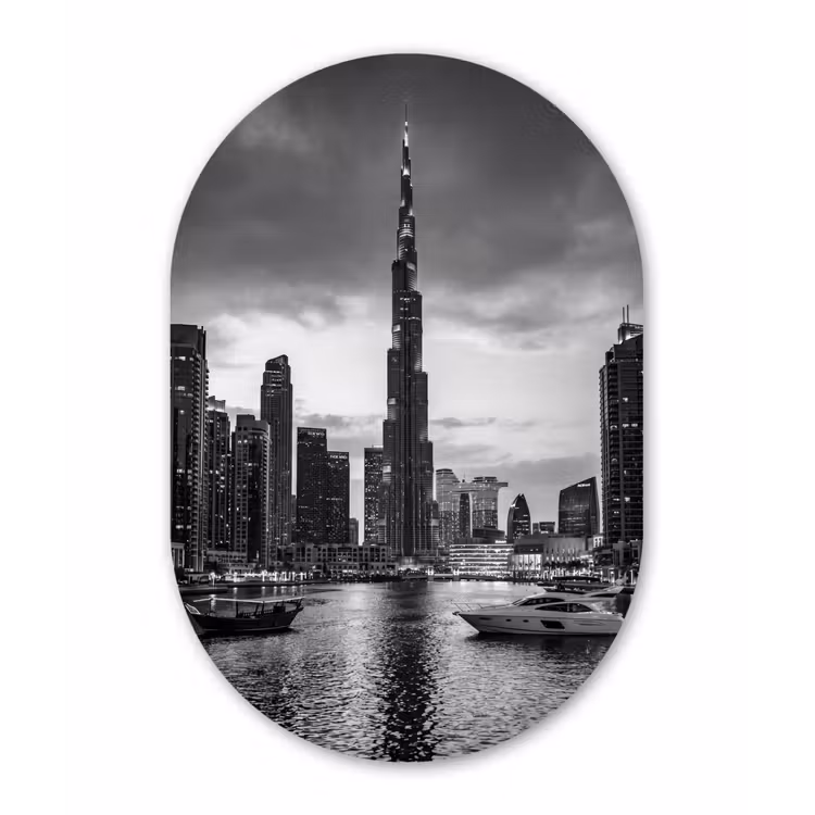 Stad - Skyline - Architectuur - Avond - Zwart-wit Wandcirkel Ovaal Forex klein -3d