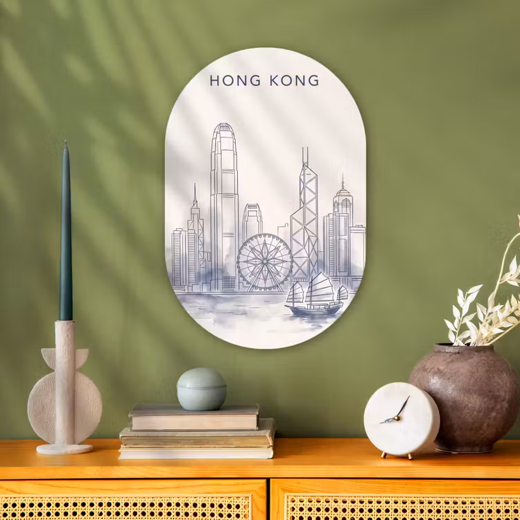 Stad - Skyline - Water - Lijntekening - Blauw Wandcirkel Ovaal Forex klein -sfeer2