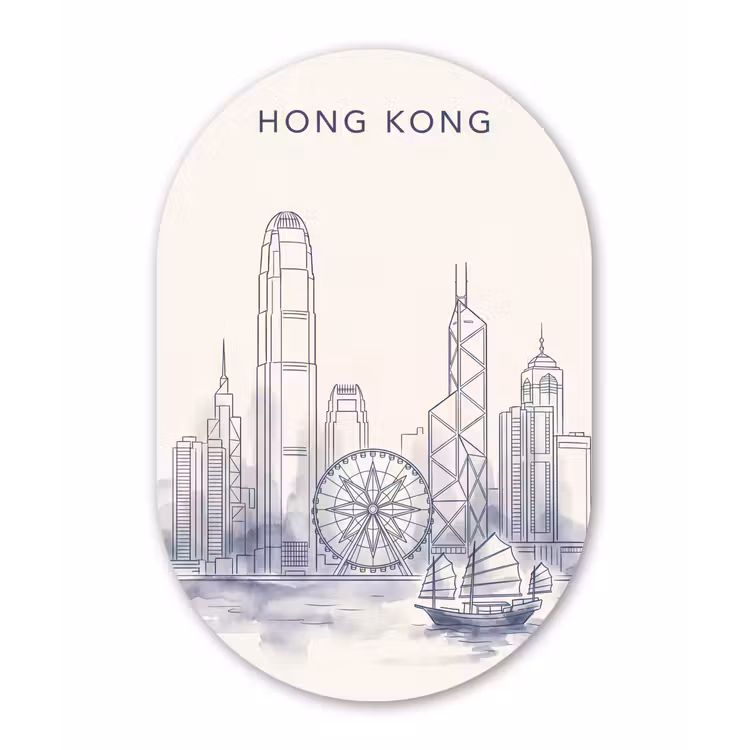 Stad - Skyline - Water - Lijntekening - Blauw Wandcirkel Ovaal Forex klein -3d