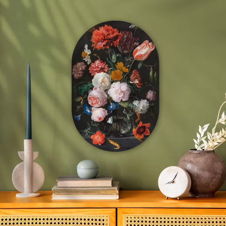 Stilleven met bloemen in een glazen vaas - Schilderij van Jan Davidsz. de Heem Wandcirkel Ovaal Forex klein -sfeer2