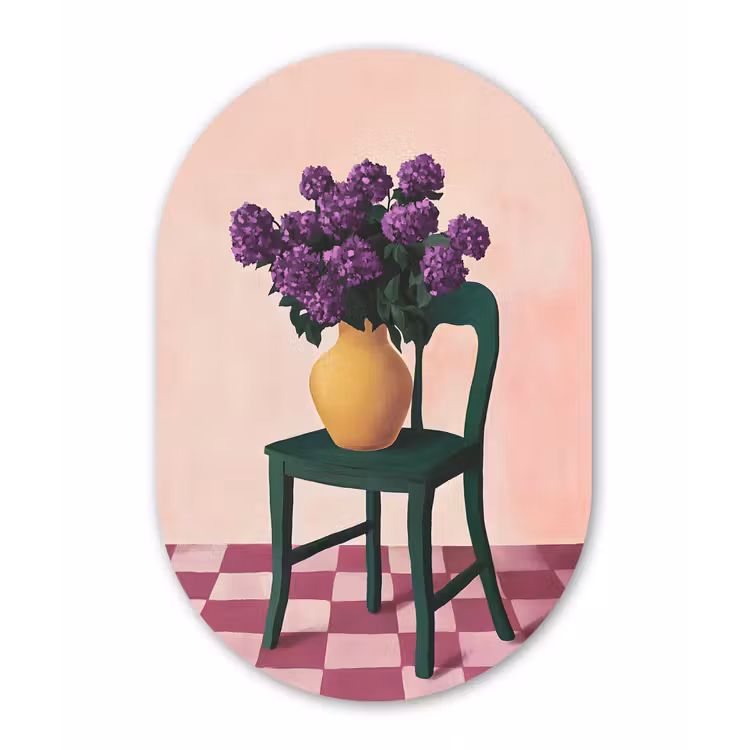 Stoel - Vaas - Bloemen - Geblokt Wandcirkel Ovaal Forex klein -3d