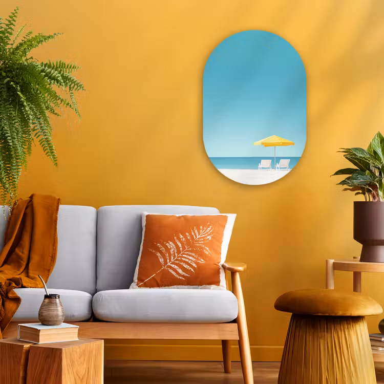 Strand - Blauwe lucht - Geel - Parasol Wandcirkel Ovaal Forex klein -sfeer4