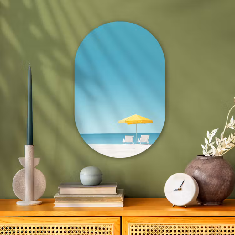Strand - Blauwe lucht - Geel - Parasol Wandcirkel Ovaal Forex klein -sfeer2