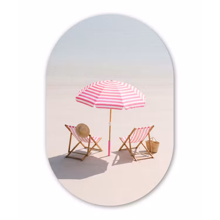 Strand - Parasol - Ligstoel - Zomer - Roze Wandcirkel Ovaal Forex klein -3d