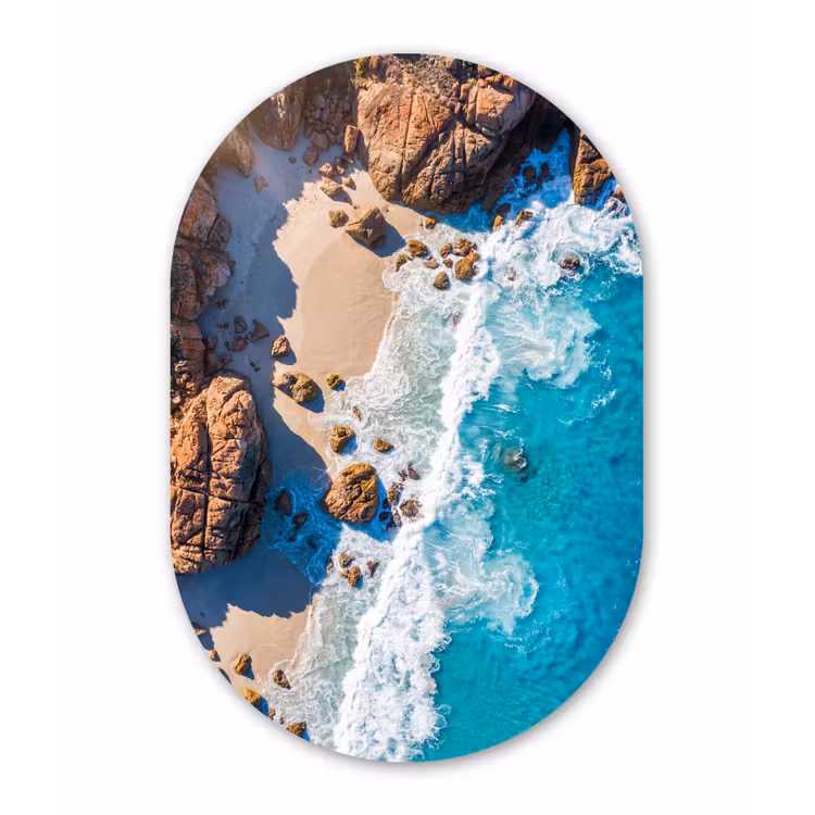 Strand - Zee - Rotsen - Natuur - Blauw Wandcirkel Ovaal Forex klein -3d