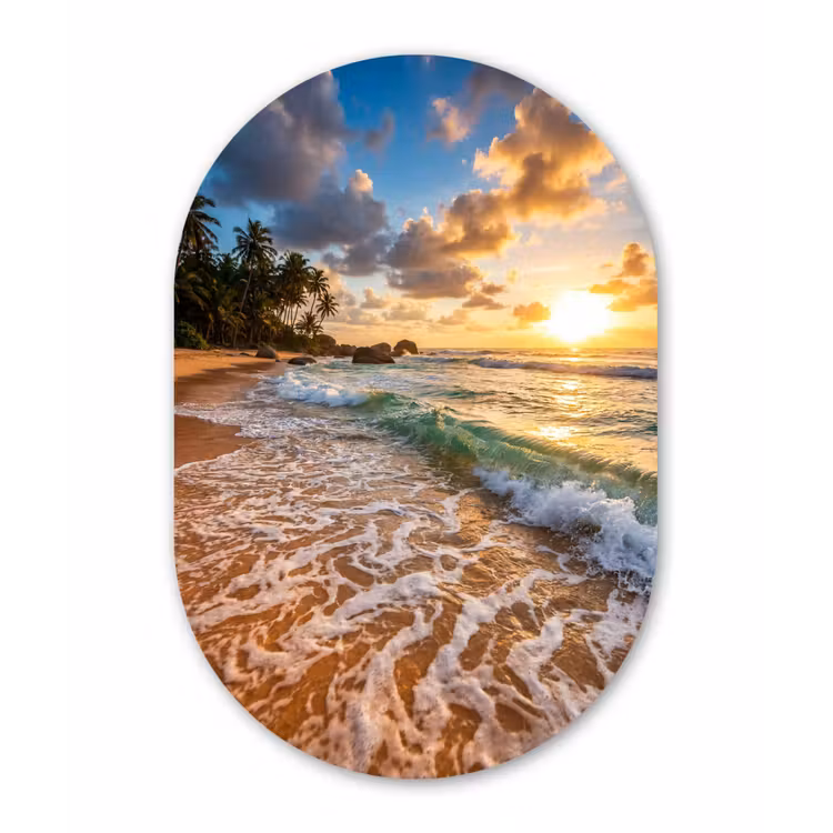 Strand - Zonsondergang - Golven - Natuur - Goud Wandcirkel Ovaal Forex klein -3d